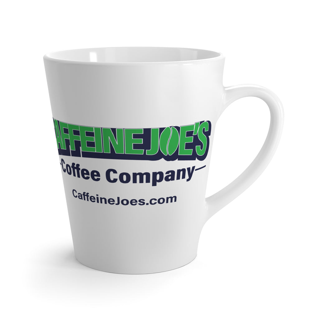 12oz Caffein Joe's Coffee latte mug by Printify featuring a sleek ceramic design and a comfortable handle.