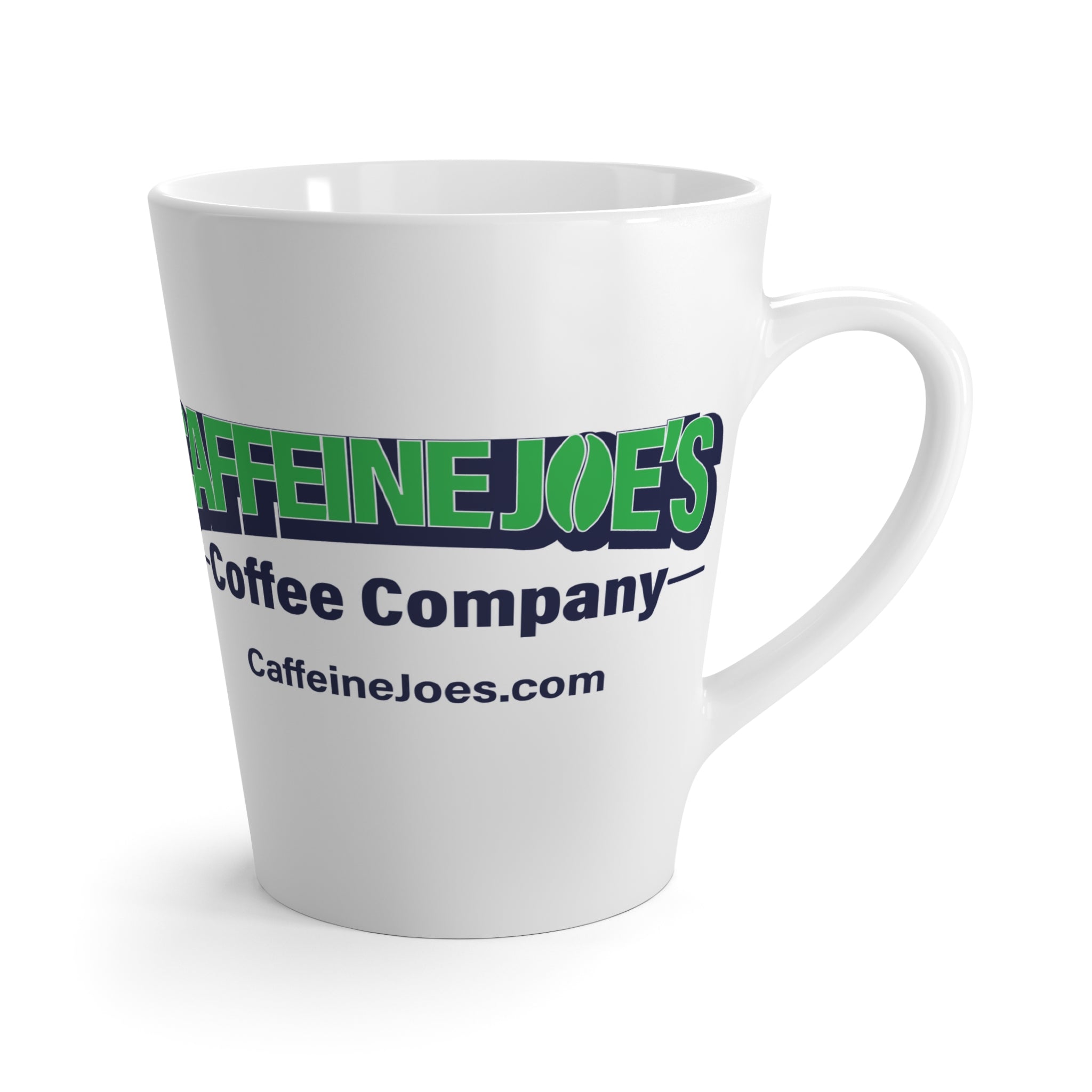 Printify Caffeine Joe's 12oz latte mug with a clear ceramic design, ideal for coffee or tea drinking.