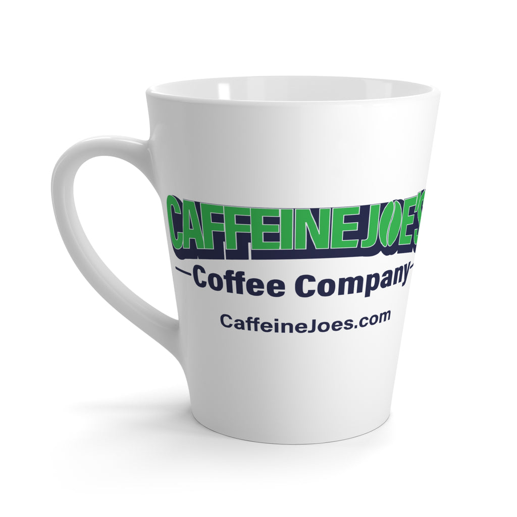 12oz Caffein Joe's Coffee latte mug with printed design, ceramic mug featuring a comfortable handle and coffee-themed artwork.