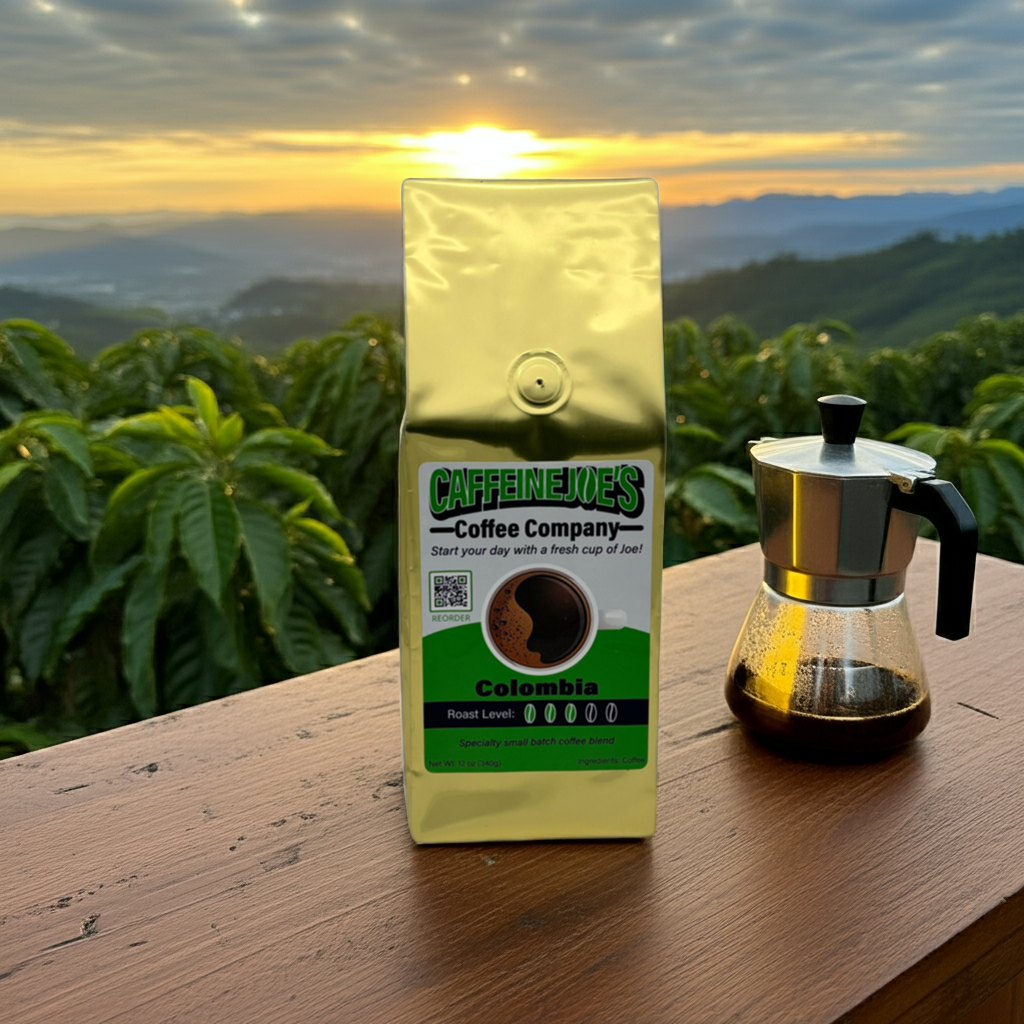 Whole 12oz Colombia Sunrise Breakfast Blend coffee beans from Caffeine Joe's Coffee Company, showcasing fresh whole beans.