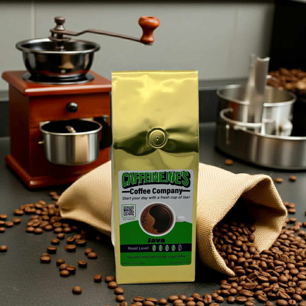 Whole 12oz bag of Caffeine Joe's Coffee Company Joe's Signature Java Blend coffee beans.