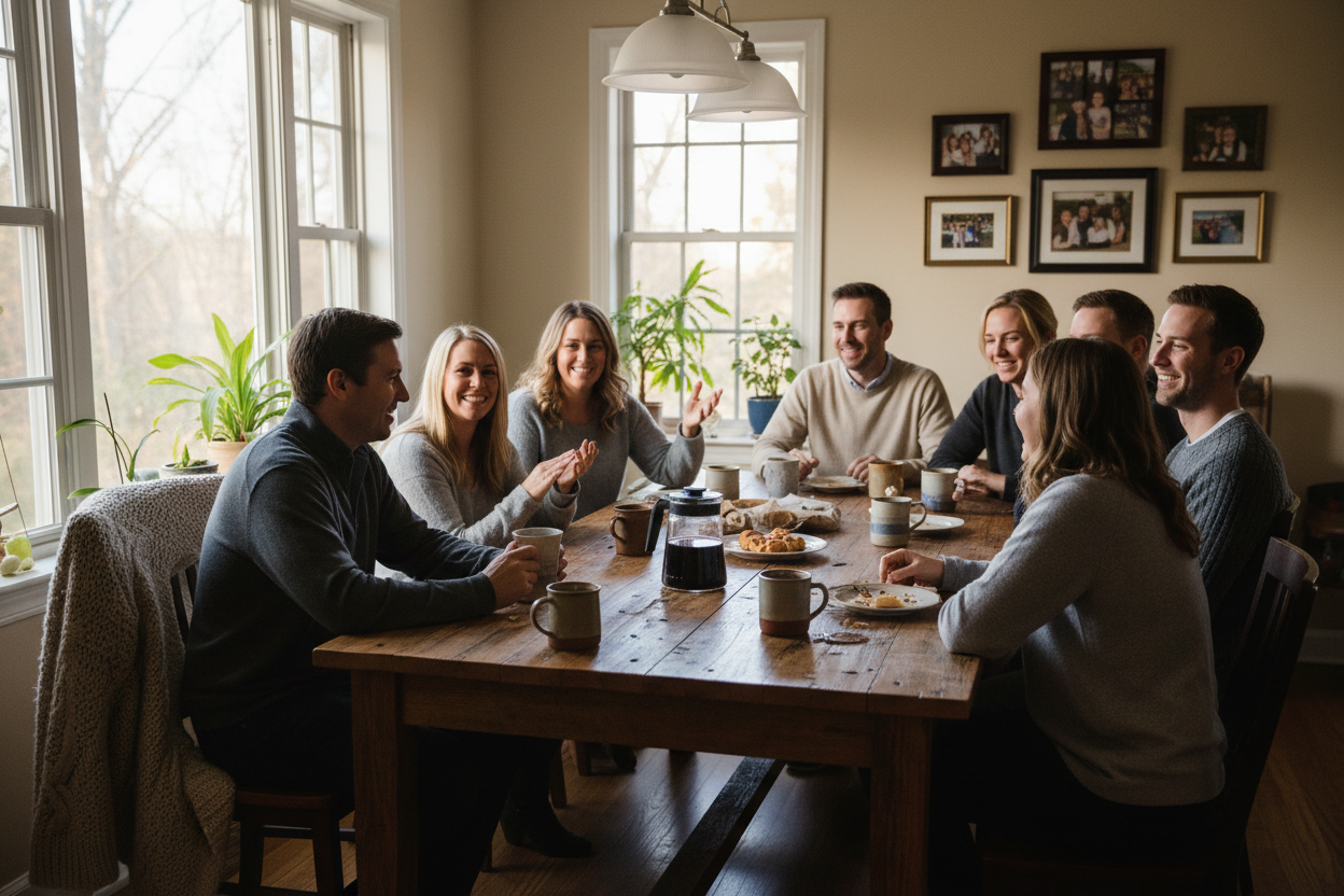 Family and friends drinking coffee at kitchen table