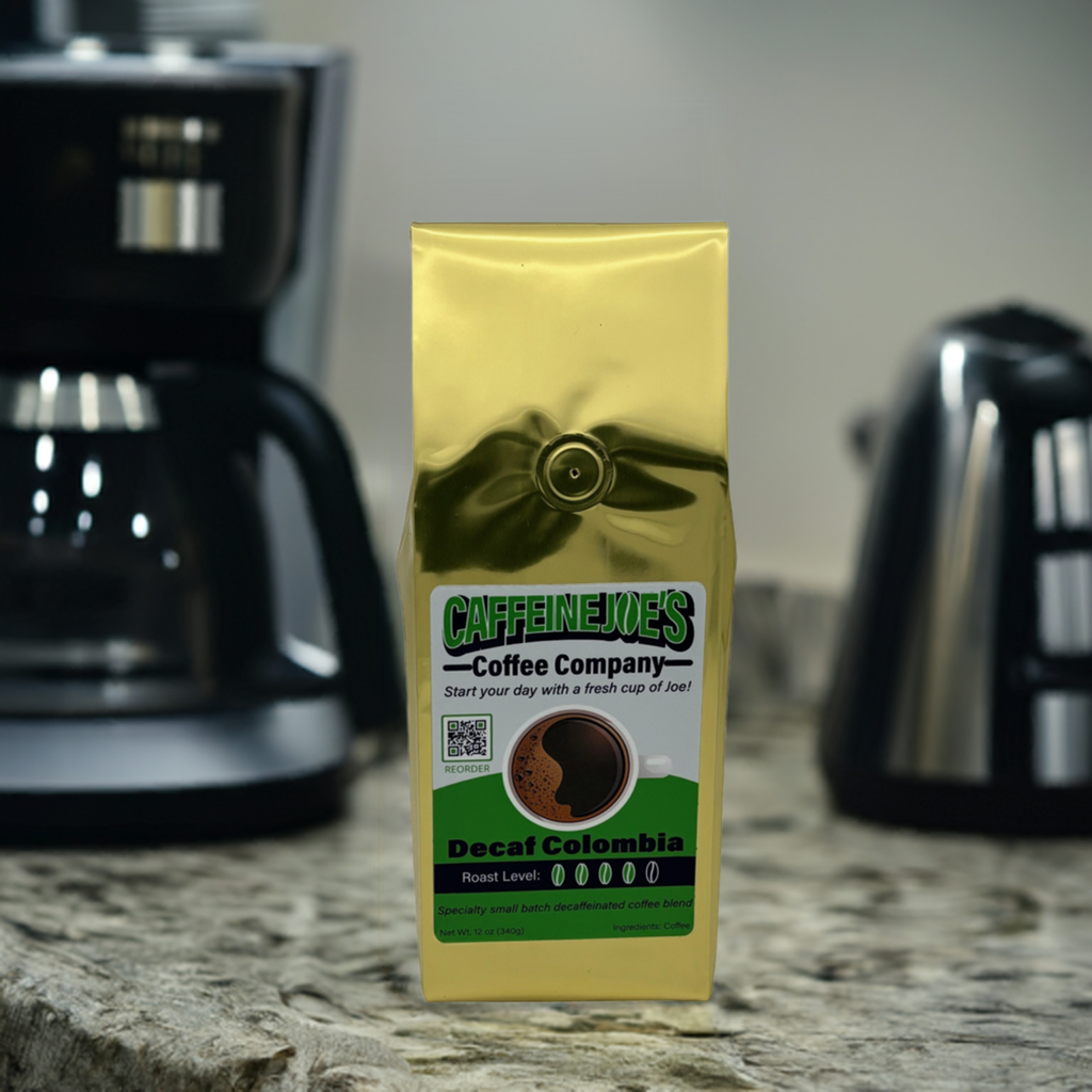 Decaf Colombia coffee bag from Caffeine Joe's Coffee Company showing the packaging with coffee beans and branding.