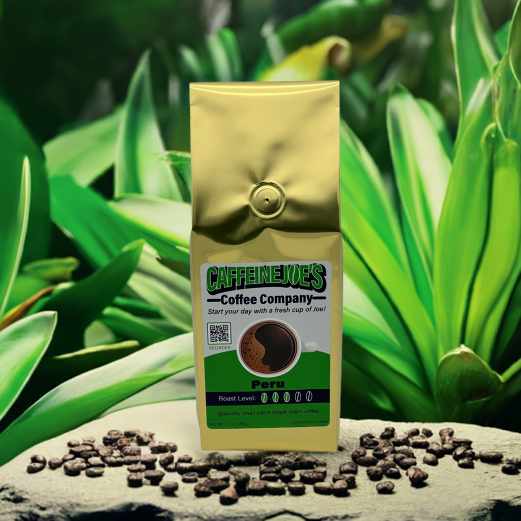 Caffeine Joe's Coffee Company Peru coffee bag with label, showing rich coffee beans and branding details.