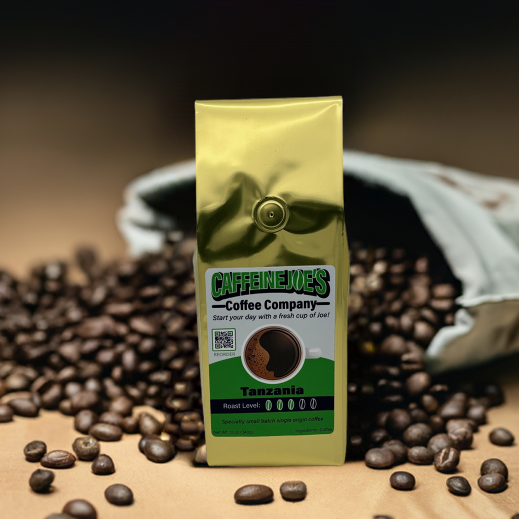Tanzania coffee from Caffeine Joe's Coffee Company, showing a bag of rich, aromatic coffee beans with Tanzania region label.