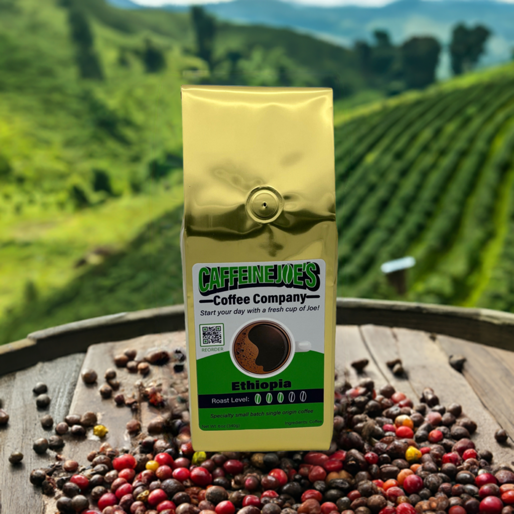 A bag of Ethiopia coffee from Caffeine Joe's Coffee Company, featuring a label with Ethiopian coffee beans and branding.