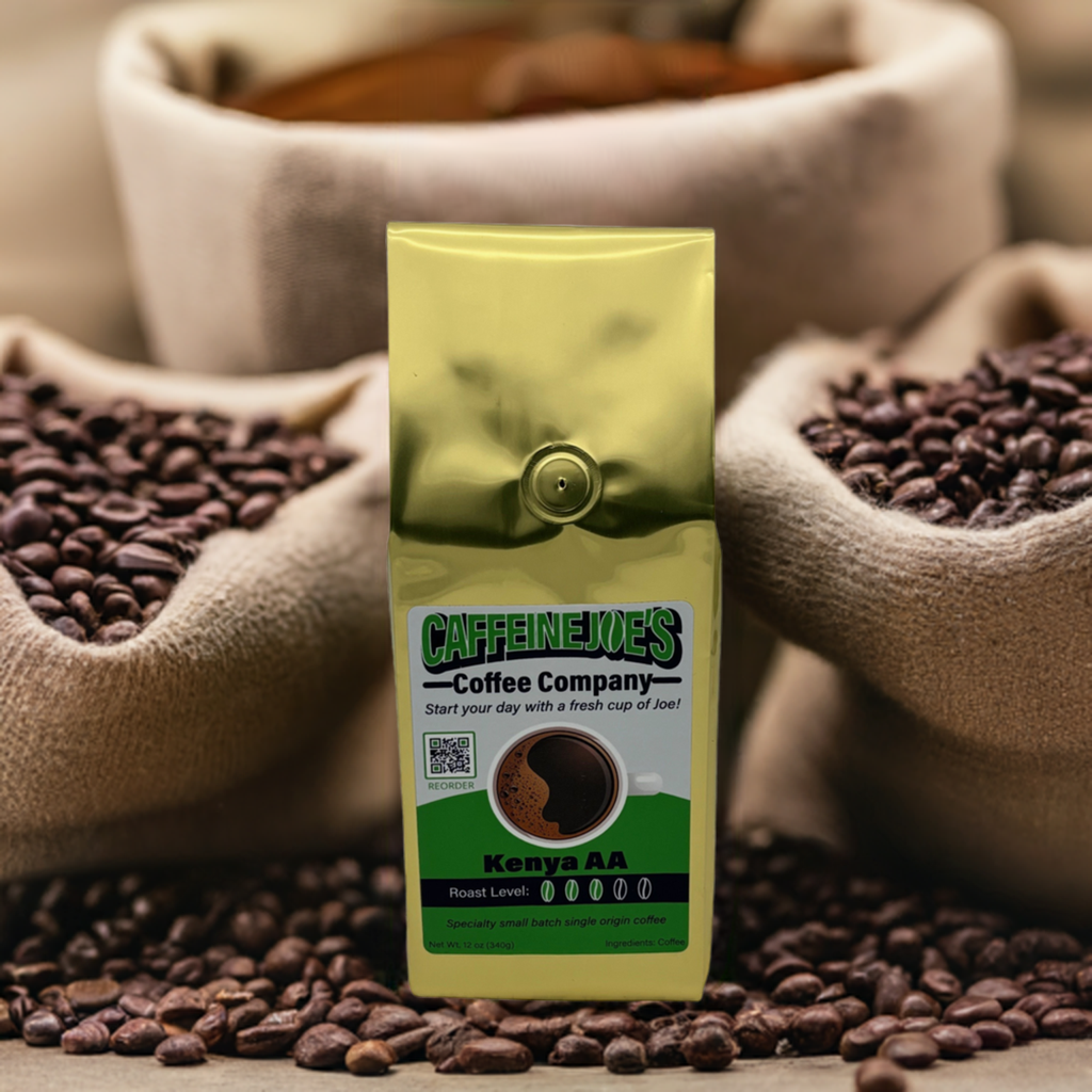 Kenya AA coffee beans from Caffeine Joe's Coffee Company, showcasing fresh, high-quality roasted coffee beans in a natural setting.
