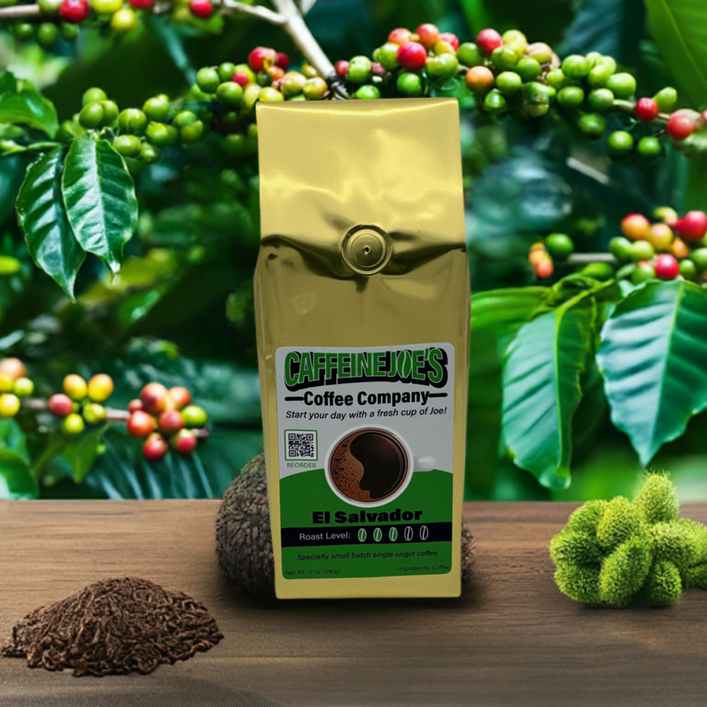 Caffeine Joe's Coffee Company El Salvador coffee bag with label showing coffee beans and origin details.