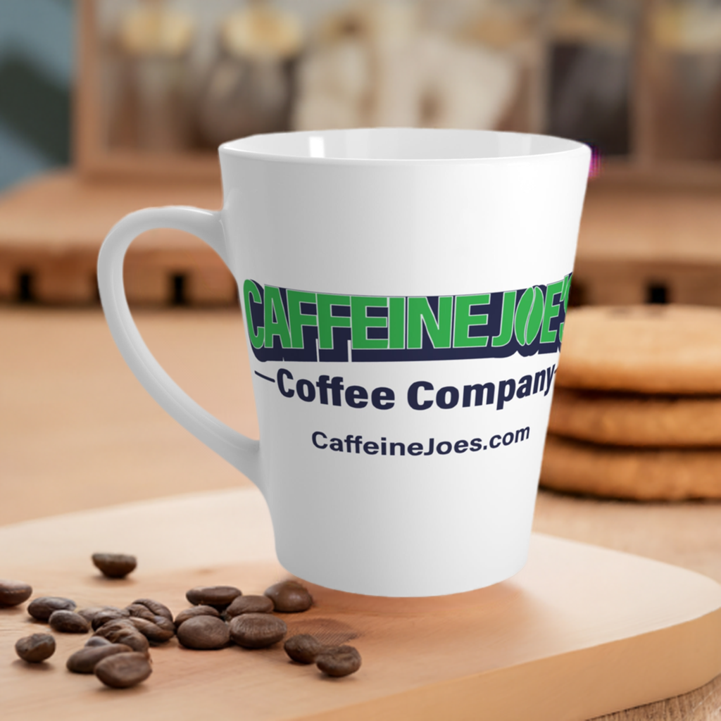 12oz Caffein Joe's Coffee latte mug with printed design, ceramic mug for hot beverages, by Printify.
